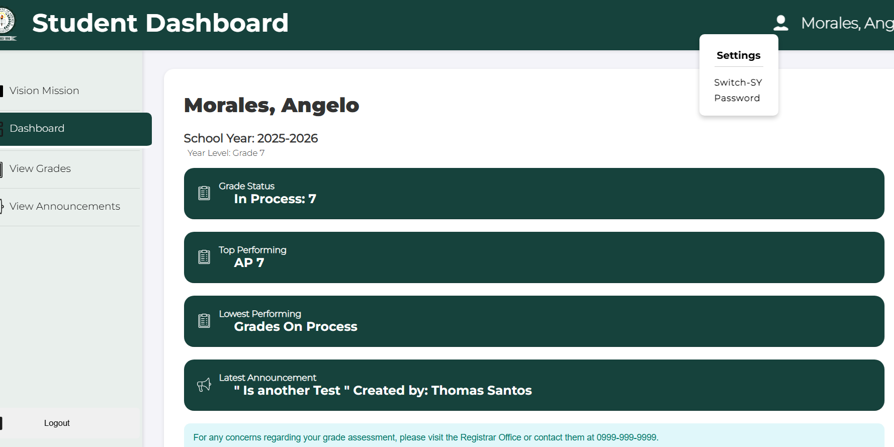 Grade View Portal Dashboard